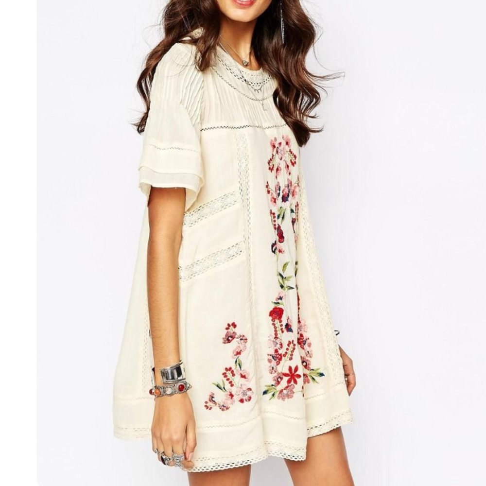 Free People Embroidered Boho Victorian Mini Shift Dress